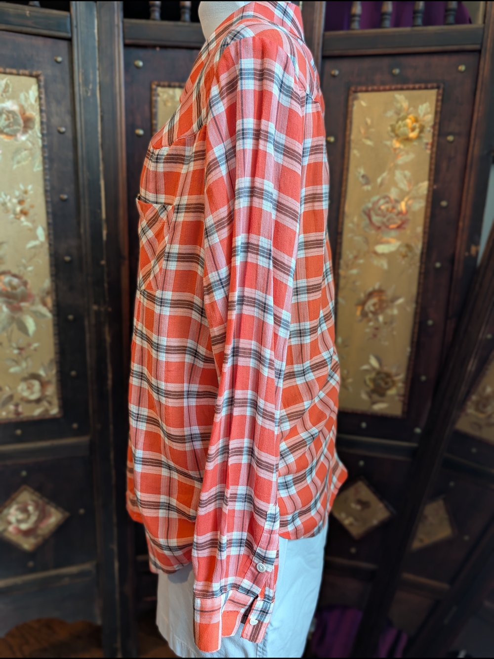 Joie Coral and White Plaid Button Down Top Small S Long Sleeves Casual Bright - Picture 3 of 10